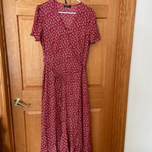 Red, ditsy floral print wrap maxi dress